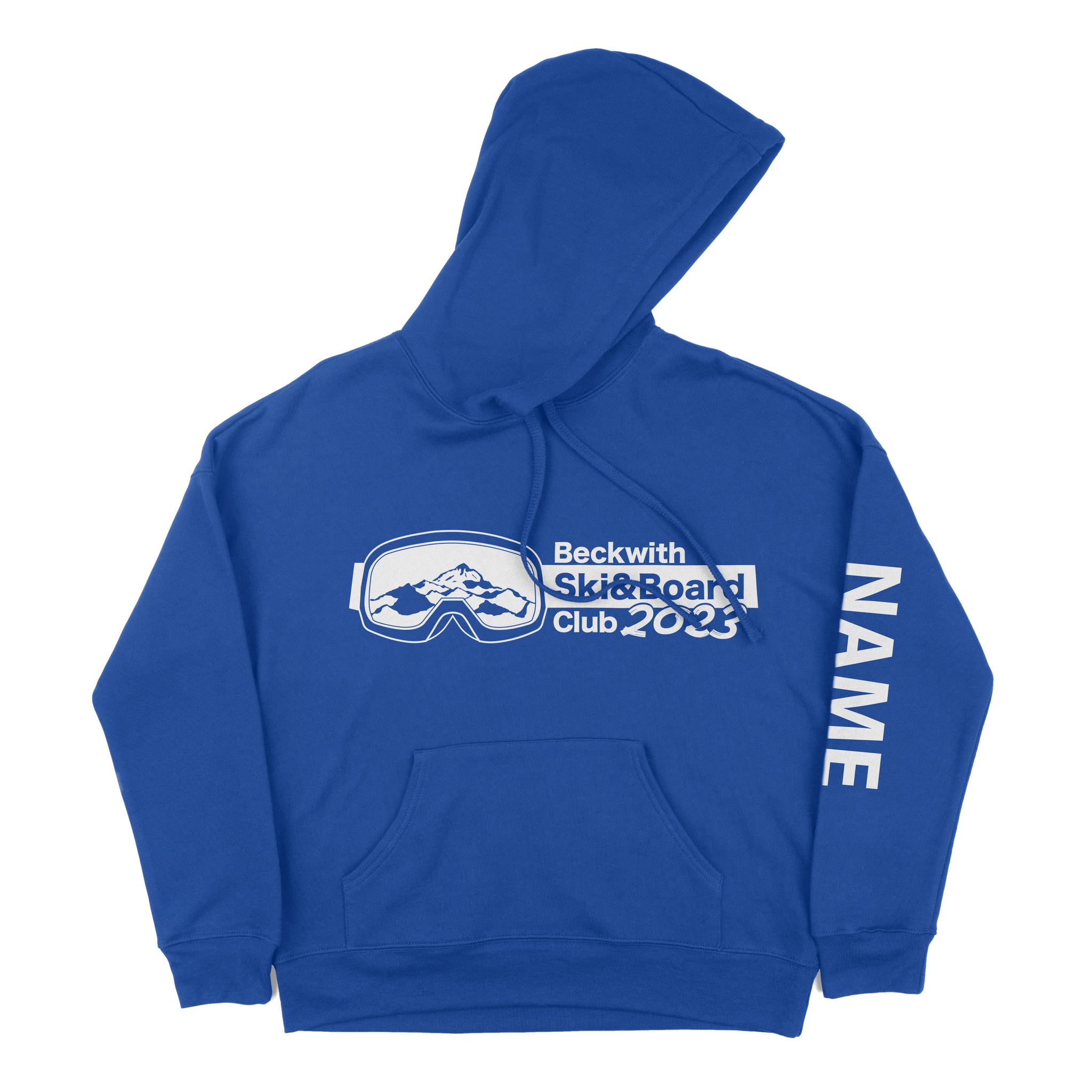 Beckwith Ski & Board Club Hoodie in blue with white logo and name on left sleeve